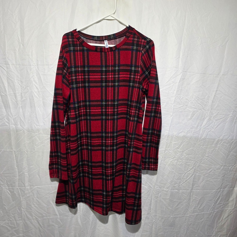 Korsis Red Plaid Asymmetrical Hem Long Sleeve Tunic Dress XL Side Button Detail